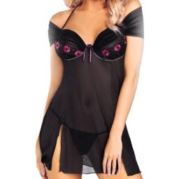 Black Floral Patterned Chemise and Thong