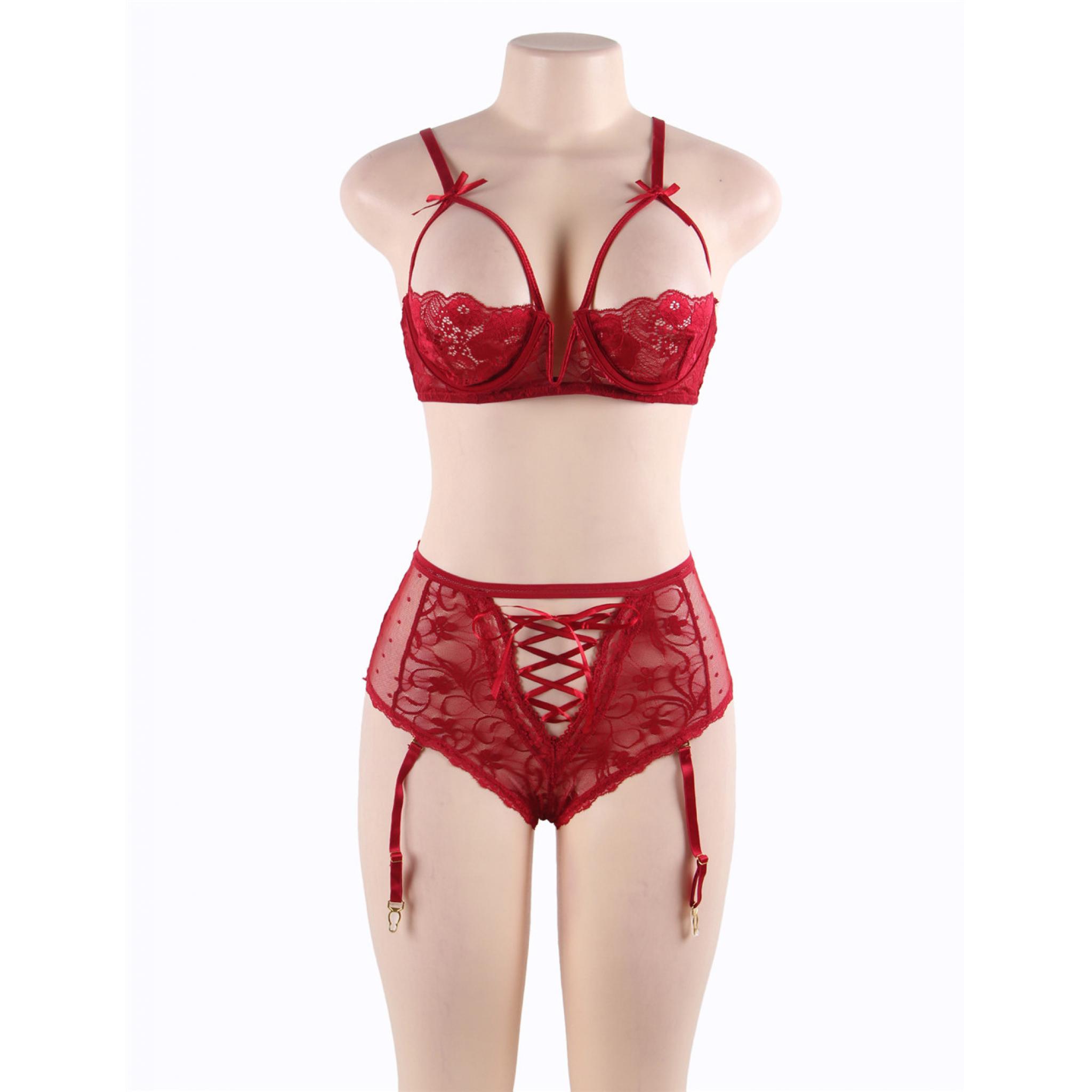 Red Open Bust Bra Knickers And Suspender Belt Intimate Fantasies