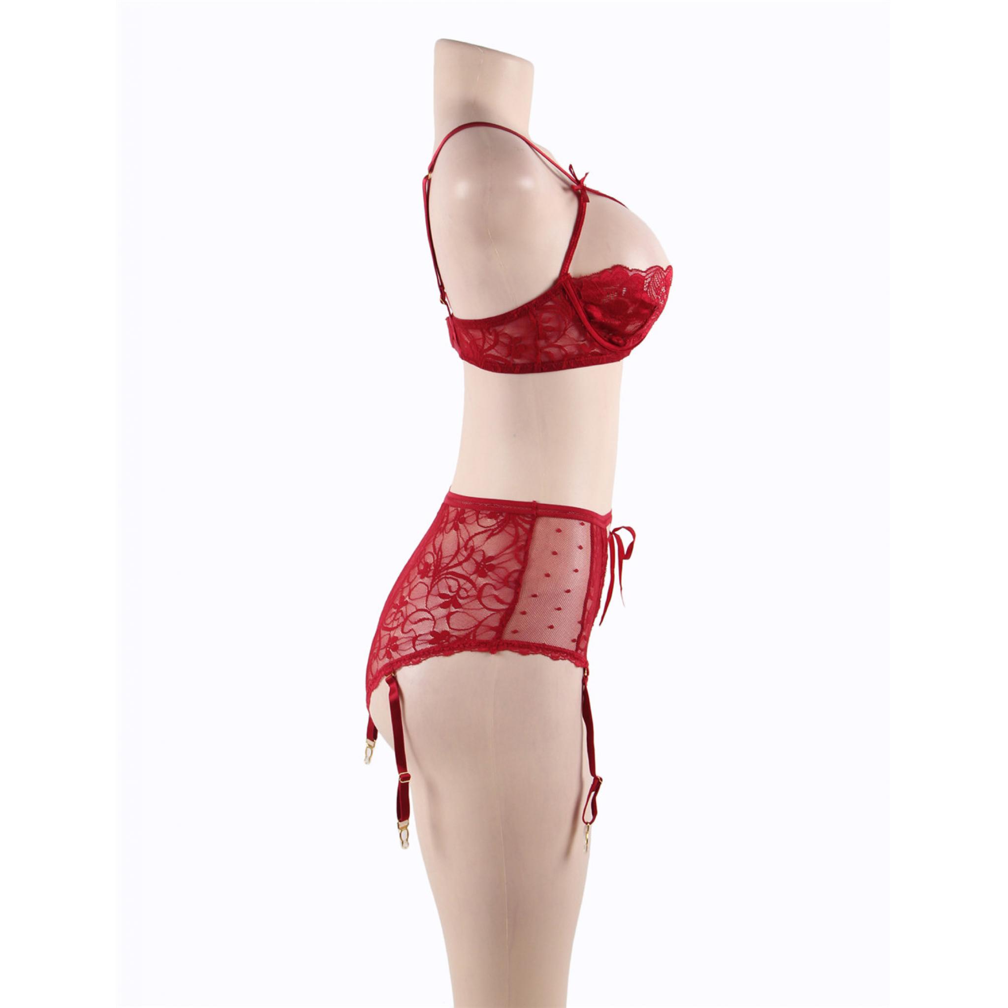 Red Open Bust Bra Knickers And Suspender Belt Intimate Fantasies