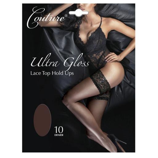 Couture Sexy Barely Black Ultra Gloss Lace Top Hold Up Stockings 10 Denier