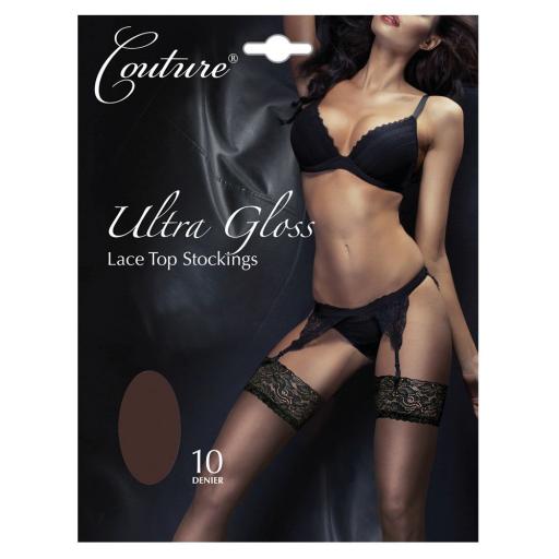 Couture Sexy Barely Black Ultra Gloss Lace Top Stockings 10 Denier